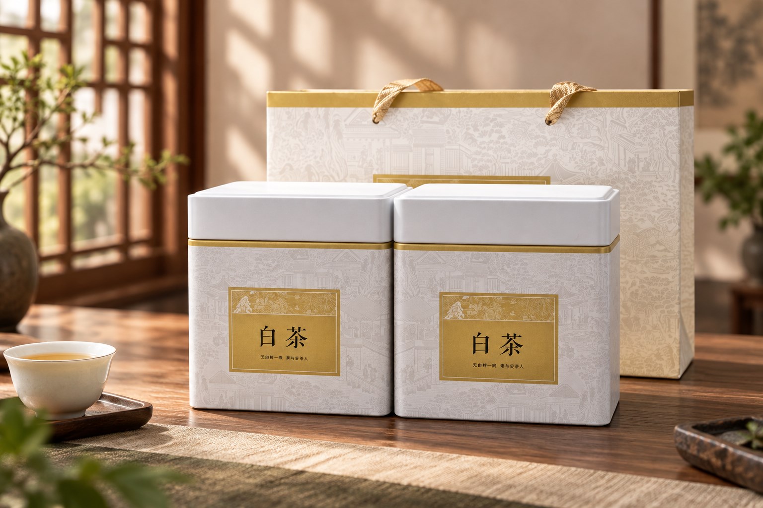 白金双罐白茶礼盒陈列在暖光东方茶席上，后方为同款手提袋